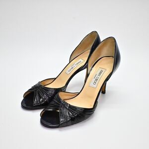 JIMMY CHOO Womens Heels Size 39.5 Black Patent Leather Peep Toe DOrsay Slip On